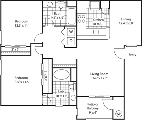 A floor plan of a house with a living room, two bedrooms, a patio, a kitchen, a dining room, and a bathroom.